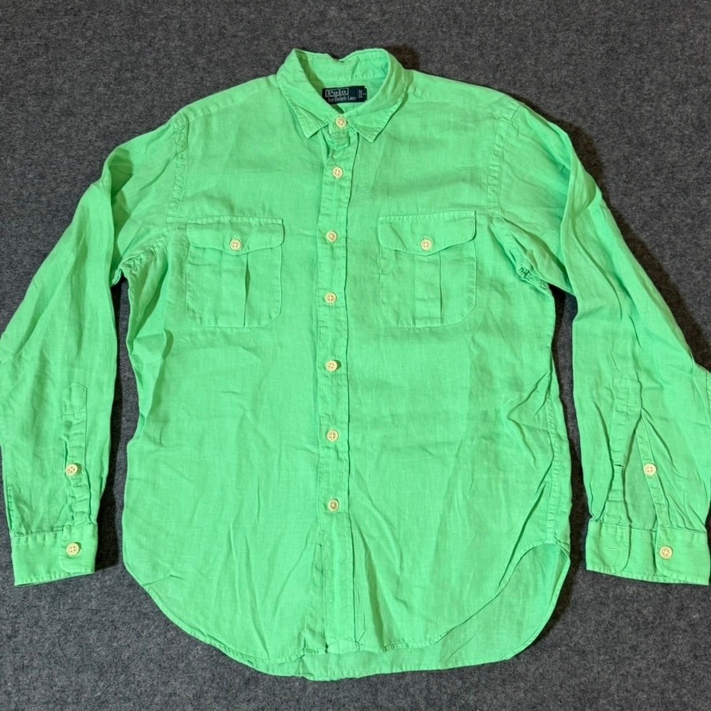 Polo Ralph Lauren Mens Medium Lime Green 100% Linen Button Down Utility Shirt - Picture 1 of 8